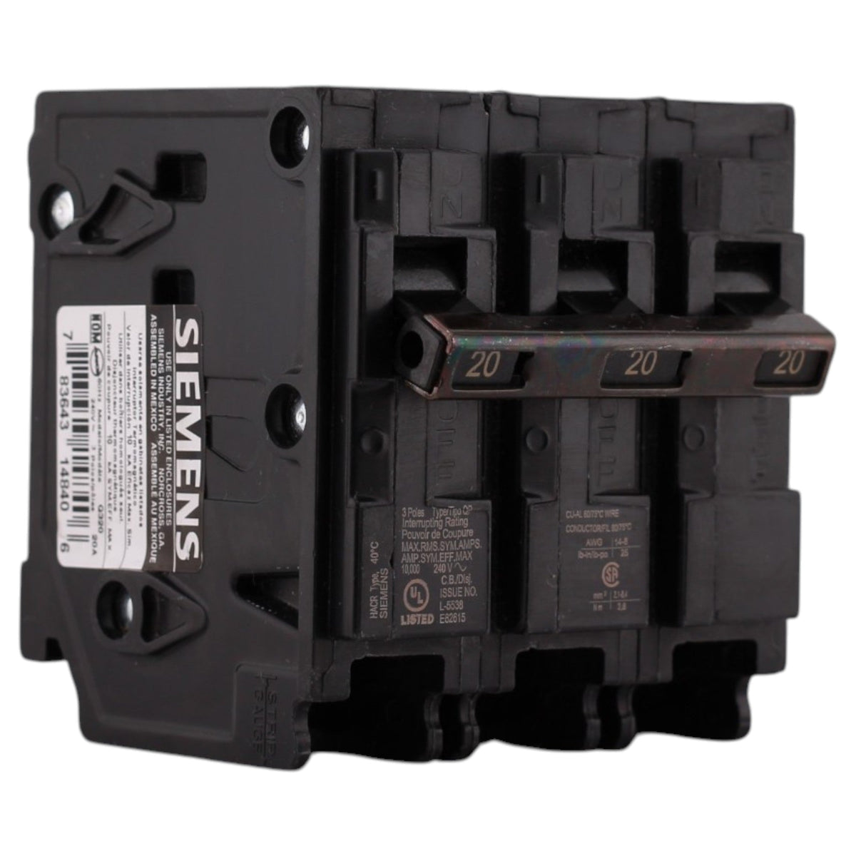 Siemens Q, Q320, 20A, 3P, 240V, Plug-In, Circuit Breaker