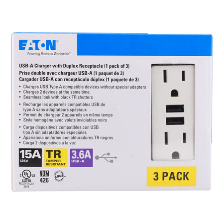 Eaton TR7765W-3-LW 15A 2P 125V USB 3.6A Charger TR Duplex Receptacle