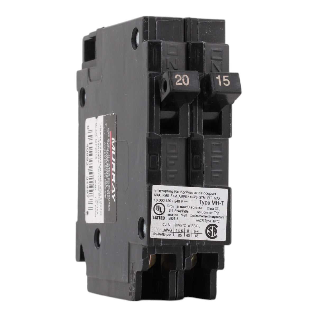 Murray MP2015 20/15A 120V 1-Pole Duplex Thermal Magnetic Circuit Breaker, Compatible with Murray and Siemens Load Centers