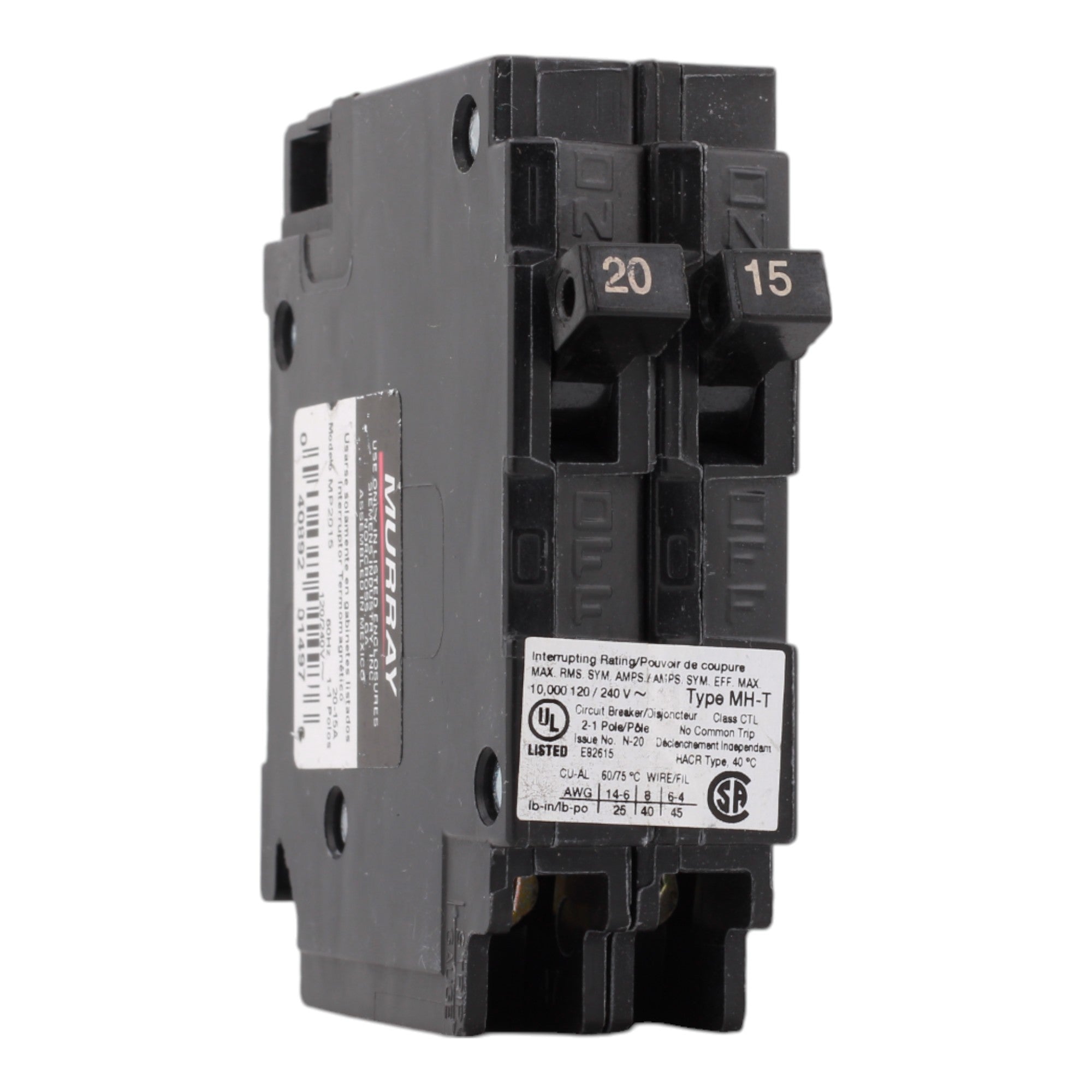 Murray MP2015 20/15A 120V 1-Pole Duplex Thermal Magnetic Circuit Breaker, Compatible with Murray and Siemens Load Centers