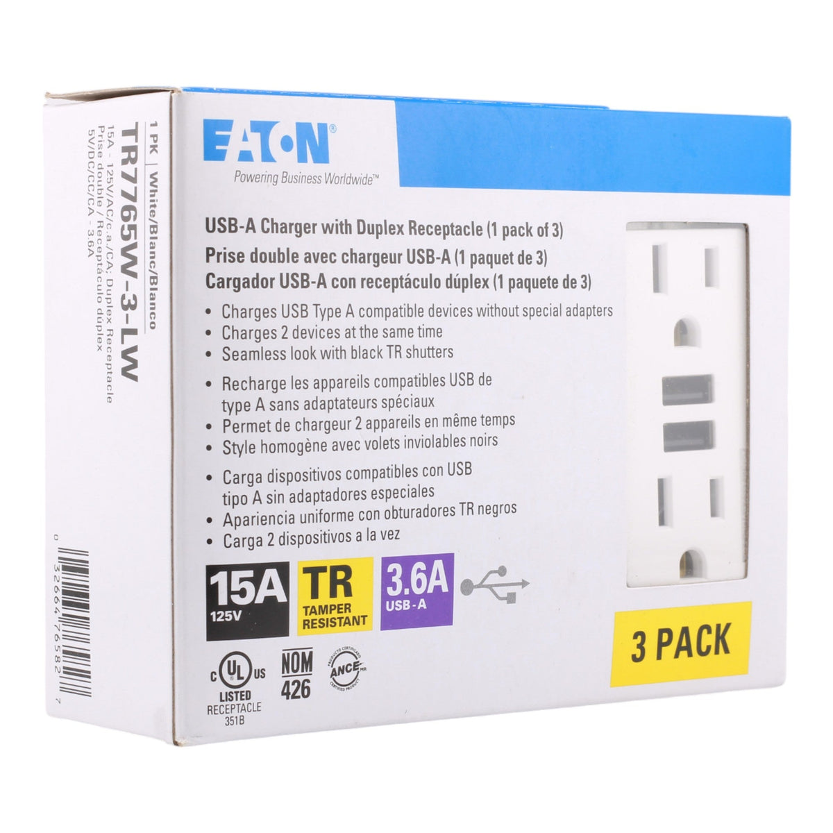 Eaton TR7765W-3-LW 15A 2P 125V USB 3.6A Charger TR Duplex Receptacle - Image 2