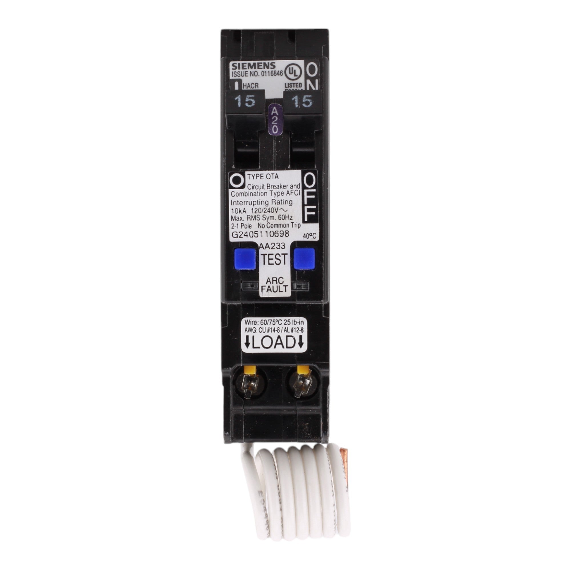 Siemens Q1515AFC, 15A/15A, 120V, Twin (Tandem) Plug-In Circuit Breaker, Combination Type AFCI, 10kA Interrupt Rating - Image 2