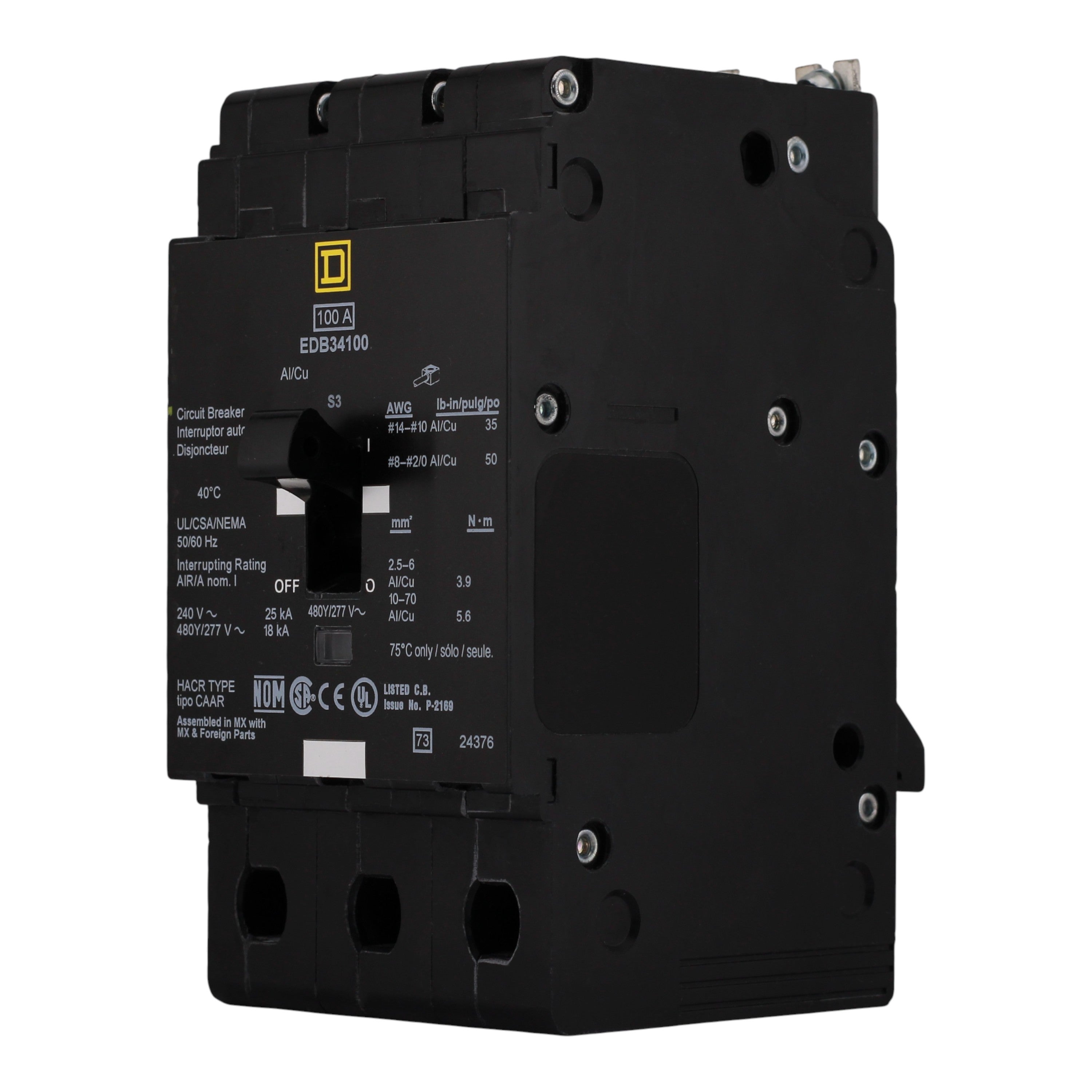Square D E-Frame EDB34100 100A 3P 480Y/277V Thermal-Magnetic Bolt-On Circuit Breaker - Image 2