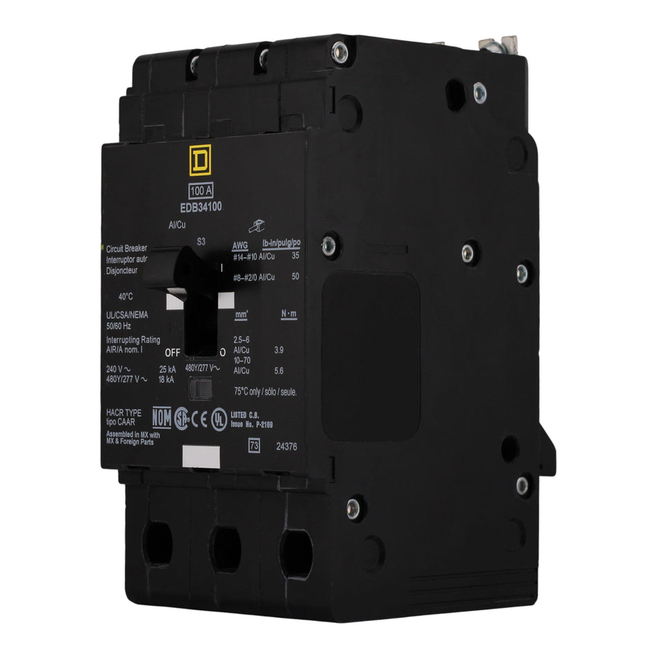Square D E-Frame EDB34100 100A 3P 480Y/277V Thermal-Magnetic Bolt-On Circuit Breaker - Image 2