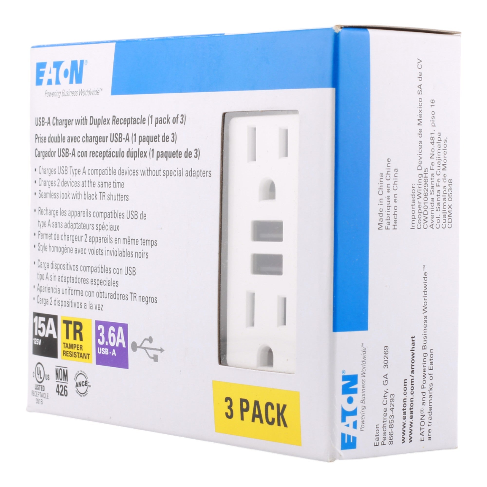 Eaton TR7765W-3-LW 15A 2P 125V USB 3.6A Charger TR Duplex Receptacle - Image 6