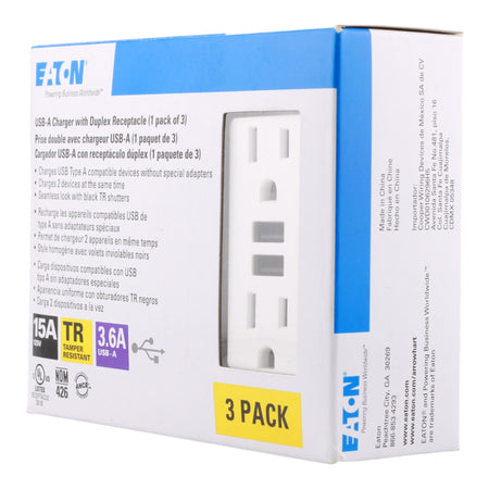 Eaton TR7765W-3-LW 15A 2P 125V USB 3.6A Charger TR Duplex Receptacle - Image 6