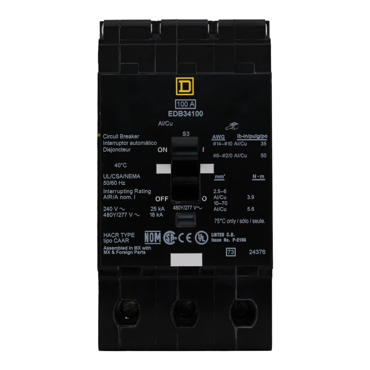 Square D E-Frame EDB34100 100A 3P 480Y/277V Thermal-Magnetic Bolt-On Circuit Breaker - Image 4