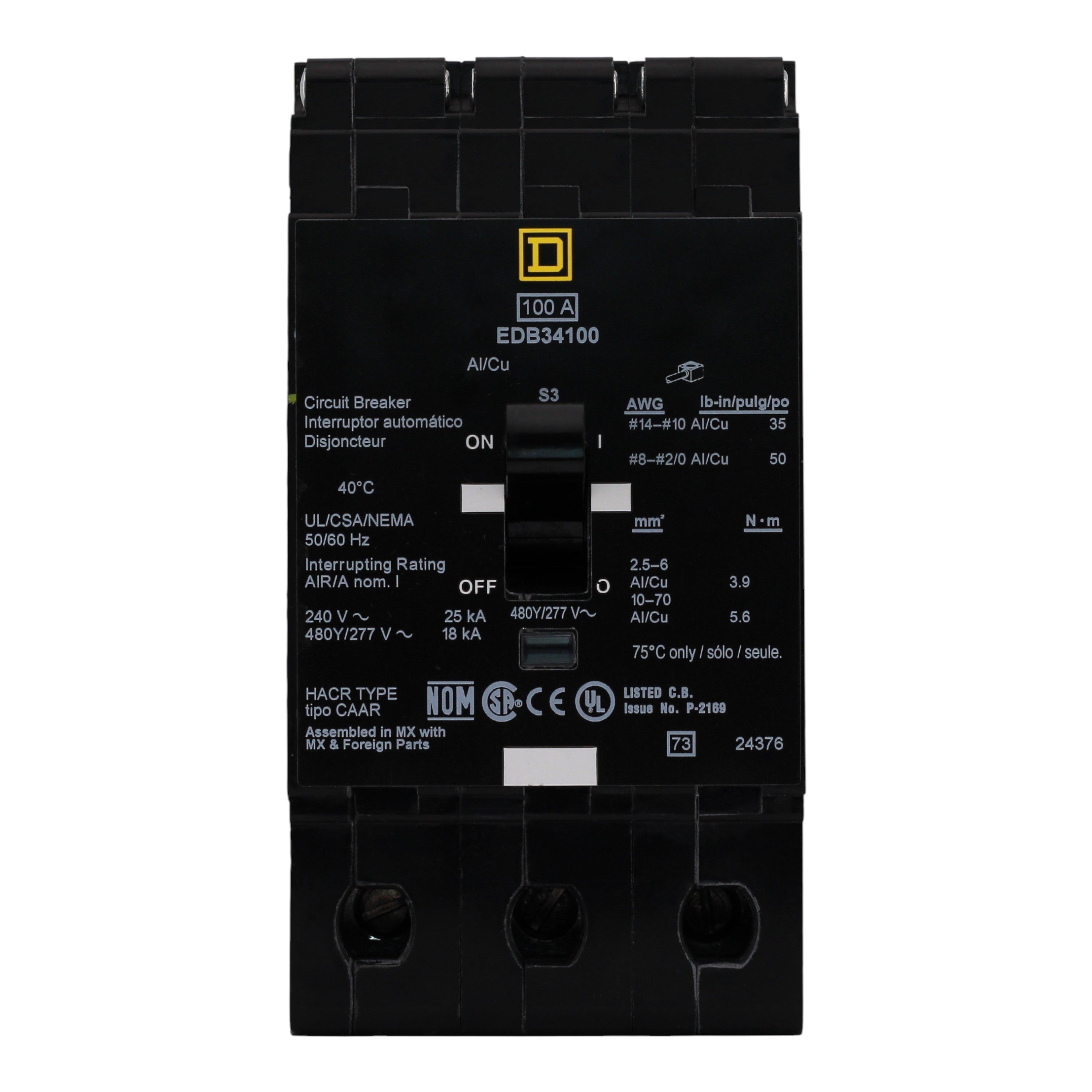 Square D E-Frame EDB34100 100A 3P 480Y/277V Thermal-Magnetic Bolt-On Circuit Breaker - Image 4