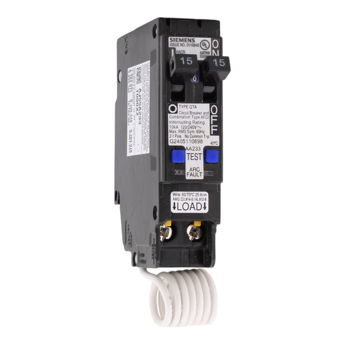 Siemens Q1515AFC, 15A/15A, 120V, Twin (Tandem) Plug-In Circuit Breaker, Combination Type AFCI, 10kA Interrupt Rating