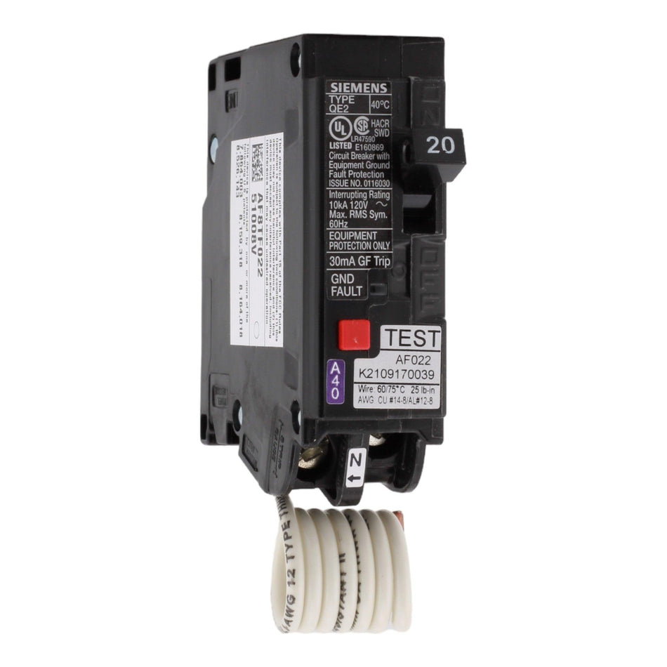 Siemens QE120 20A 1P 120V GFCI Pigtail Neutral Circuit Breaker