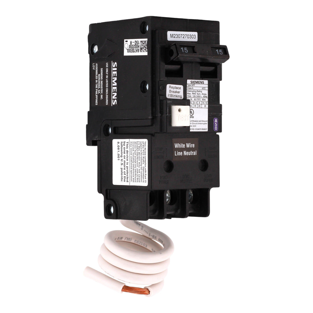 Siemens QPF2, QF215A, 15A, 2P, 120/240V, GFCI, Pigtail Neutral, Circuit Breaker