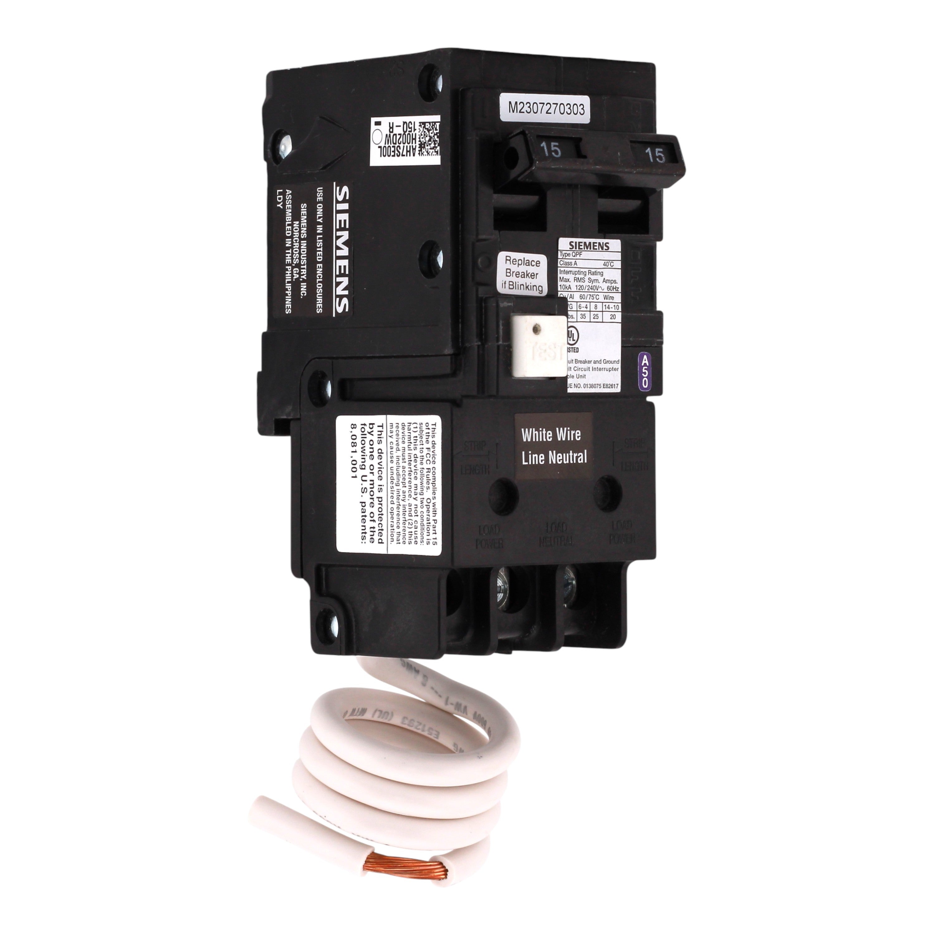 Siemens QPF2, QF215A, 15A, 2P, 120/240V, GFCI, Pigtail Neutral, Circuit Breaker