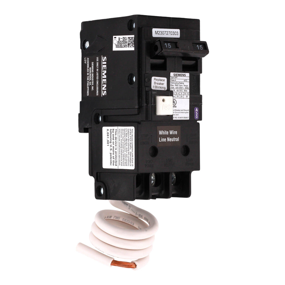 Siemens QPF2, QF215A, 15A, 2P, 120/240V, GFCI, Pigtail Neutral, Circuit Breaker