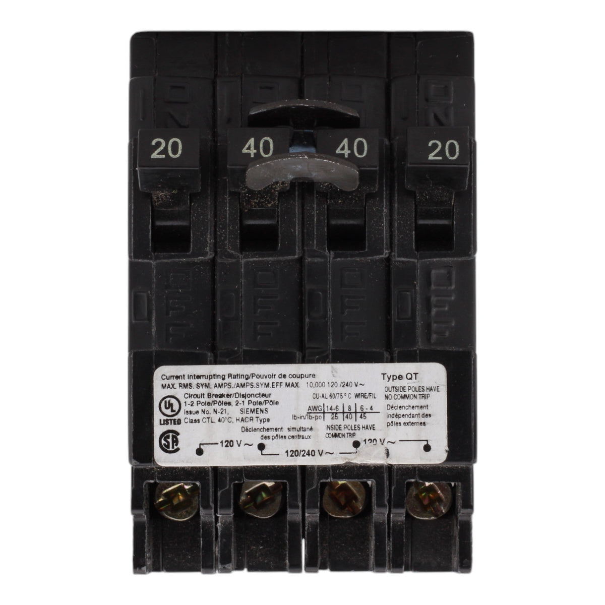 Siemens Q22040CT, 20-40A, 120/240V, Duplex/Triplex/Quadplex Circuit Breaker, Thermal Magnetic, 10kA Interrupt Rating - Image 2