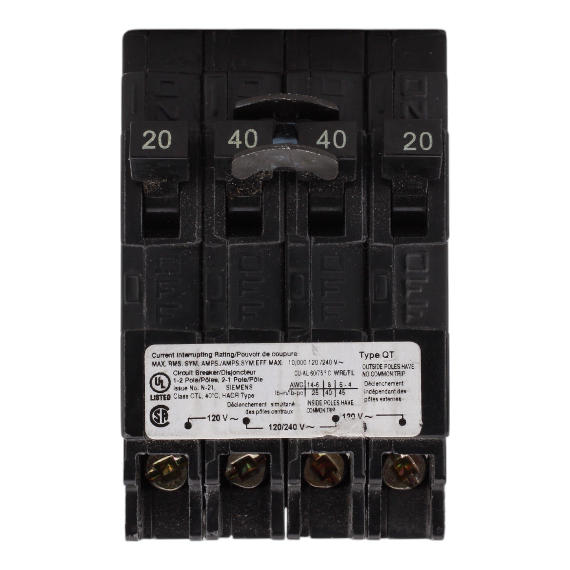 Siemens Q22040CT, 20-40A, 120/240V, Duplex/Triplex/Quadplex Circuit Breaker, Thermal Magnetic, 10kA Interrupt Rating - Image 2