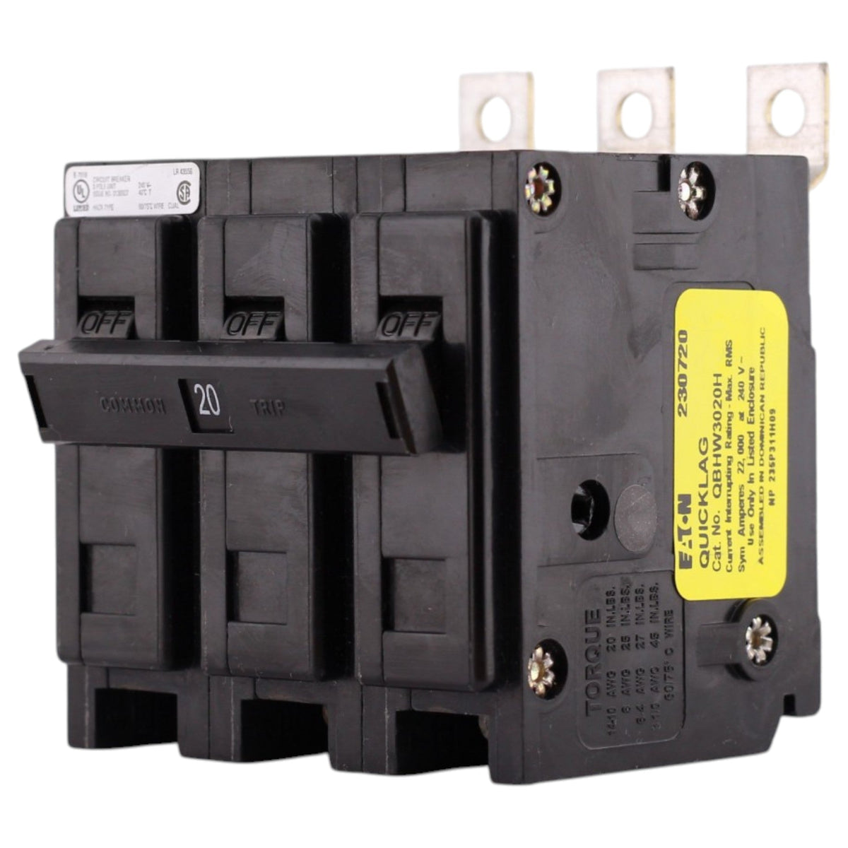Eaton QB, QBHW3020H, 20A, 3P, 240V, 22kAIC, Bolt-On, Circuit Breaker - Image 3