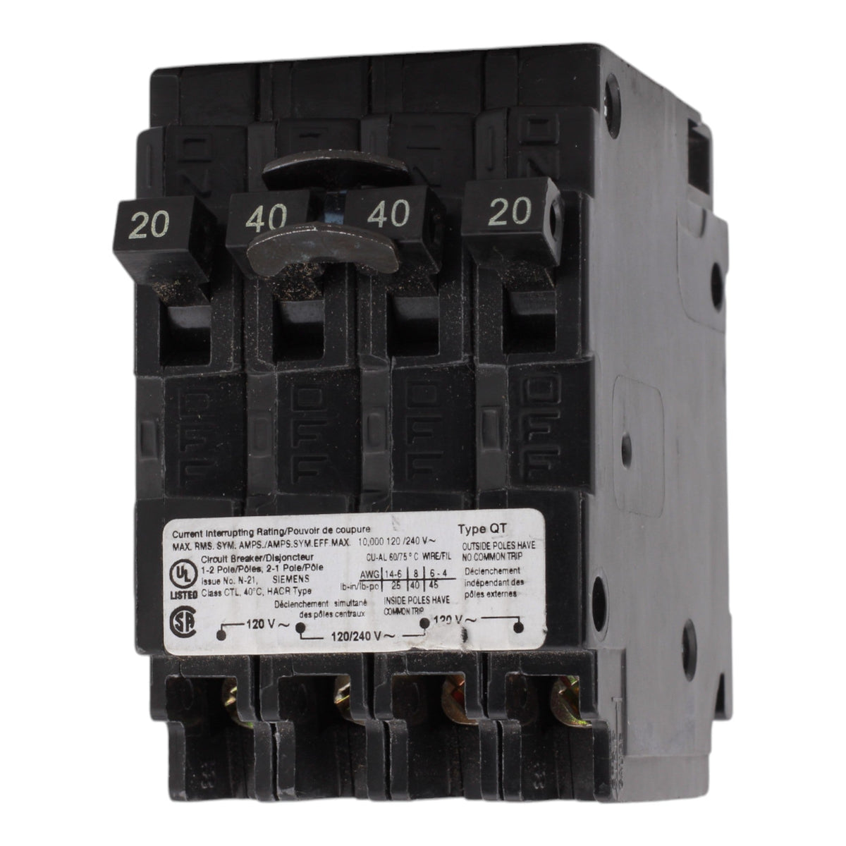 Siemens Q22040CT, 20-40A, 120/240V, Duplex/Triplex/Quadplex Circuit Breaker, Thermal Magnetic, 10kA Interrupt Rating - Image 3