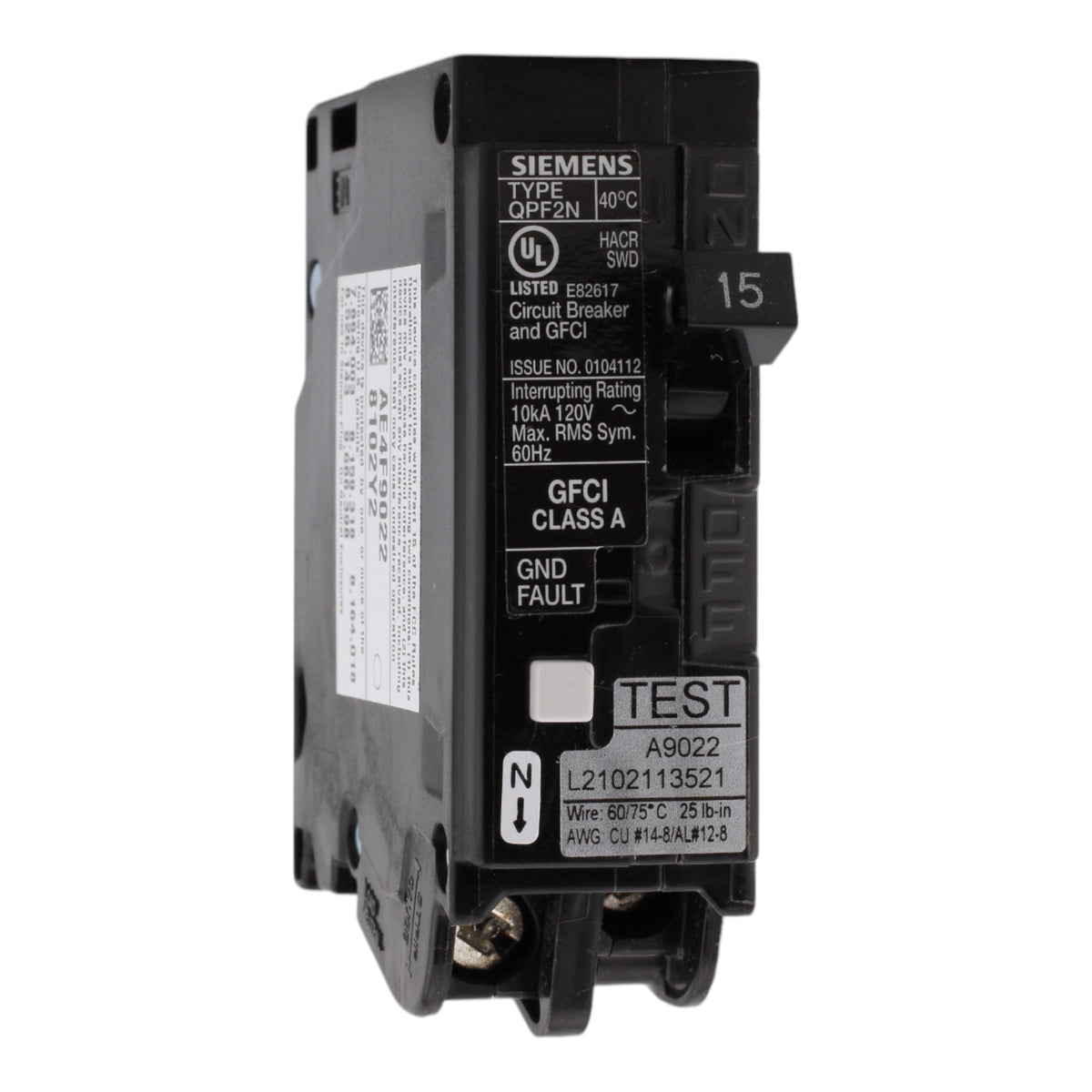 Siemens QPF2N, QF115AN, 15A, 1P, 120V, GFCI, Plug-On Neutral, Circuit Breaker