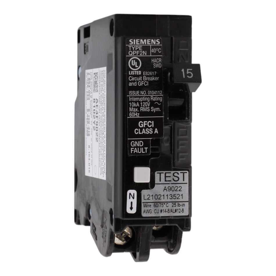 Siemens QPF2N, QF115AN, 15A, 1P, 120V, GFCI, Plug-On Neutral, Circuit Breaker