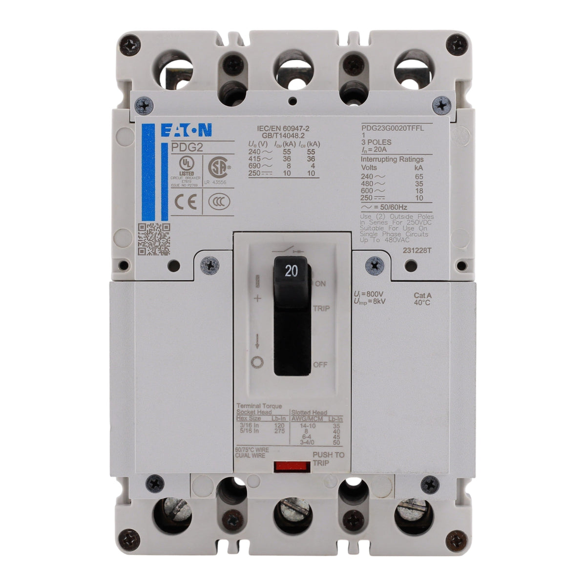 Eaton Power Defense PDG23G0020TFFL 20A 3P 600V 35kA@480V Thermal Magnetic Load Only Circuit Breaker - Image 3