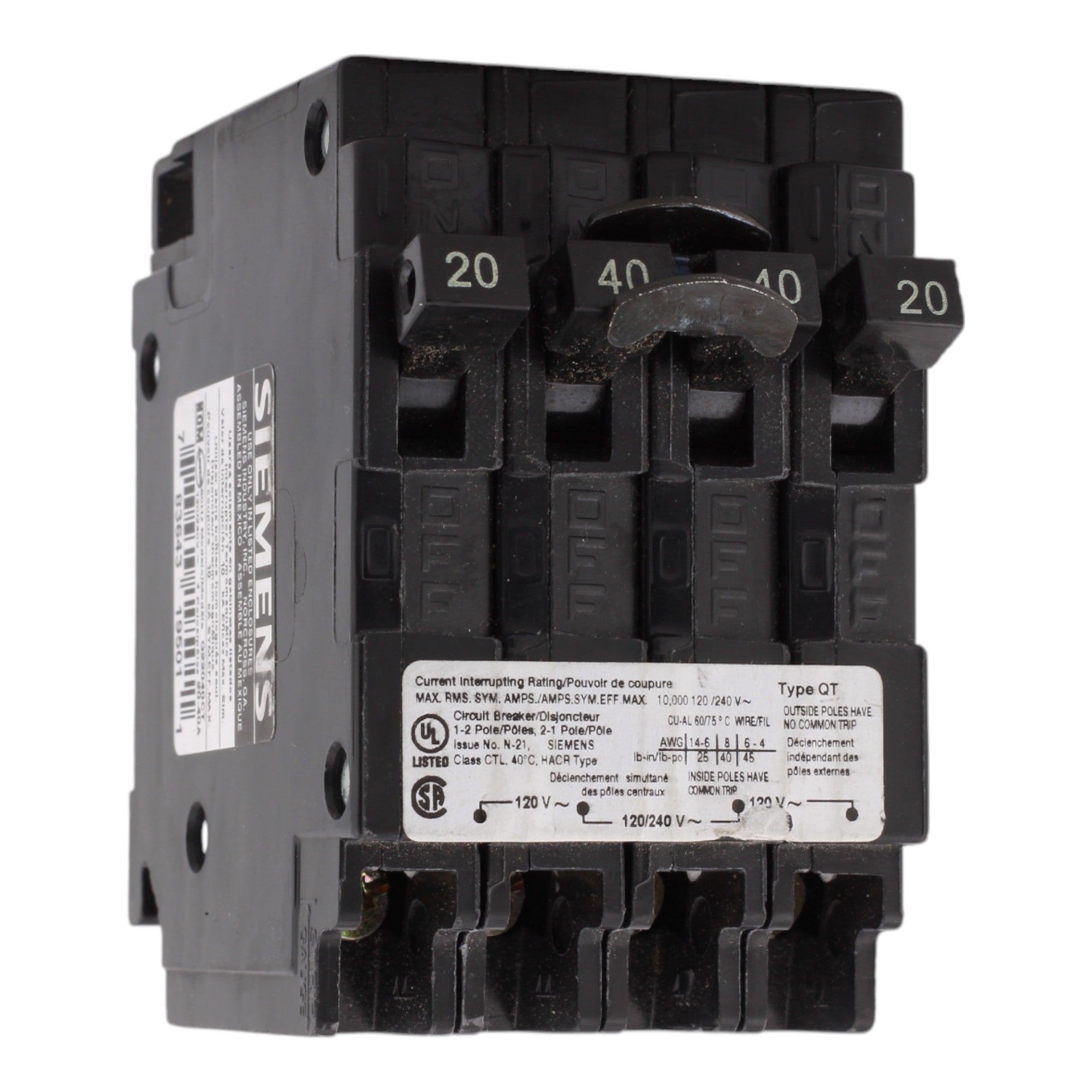 Siemens Q22040CT, 20-40A, 120/240V, Duplex/Triplex/Quadplex Circuit Breaker, Thermal Magnetic, 10kA Interrupt Rating