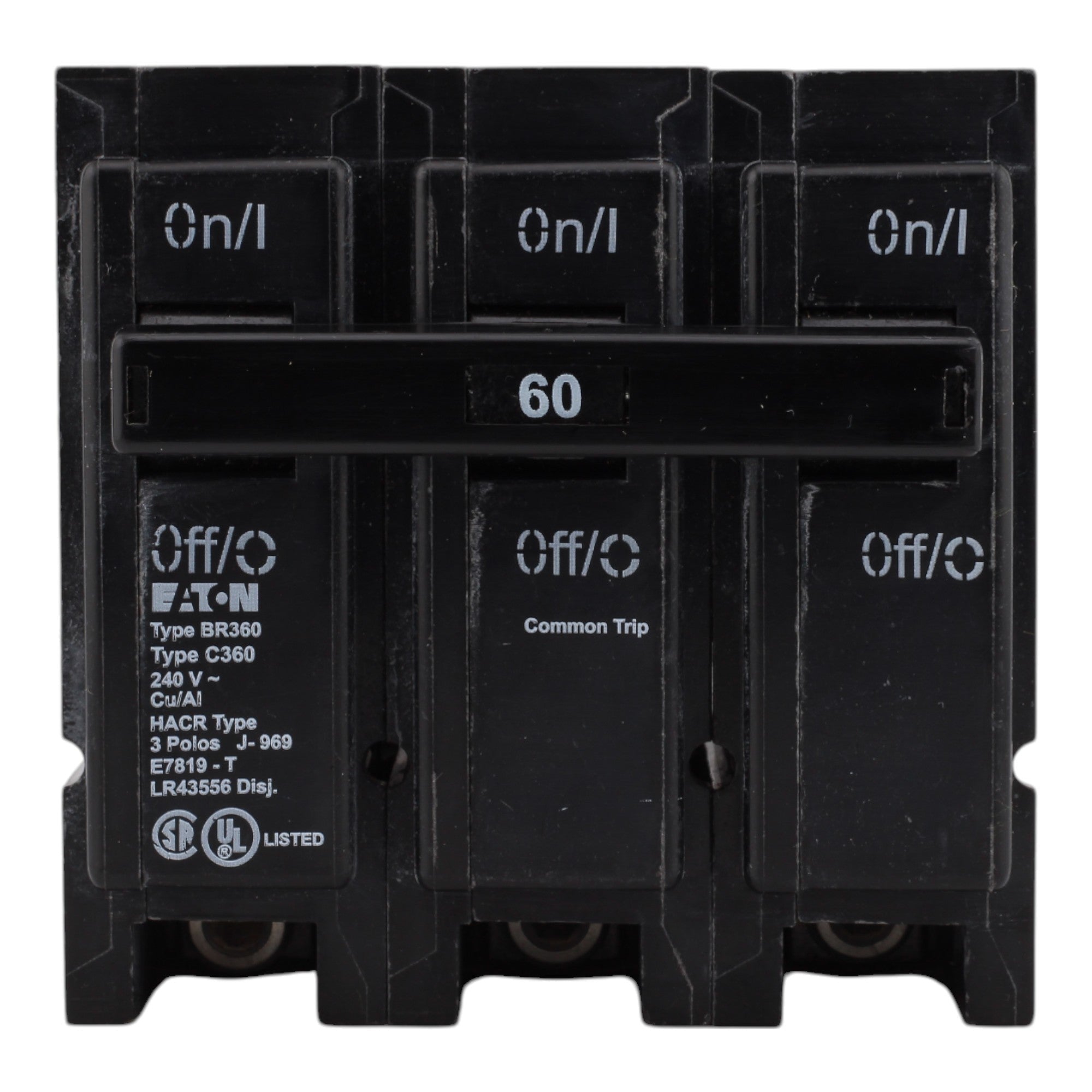 Eaton BR360, 60A, 240V, 3-Pole Thermal Magnetic Circuit Breaker, Plug-On, 10 kAIC, for Type BR Load Centers - Image 2