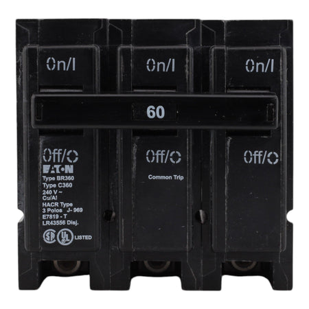 Eaton BR360, 60A, 240V, 3-Pole Thermal Magnetic Circuit Breaker, Plug-On, 10 kAIC, for Type BR Load Centers - Image 2