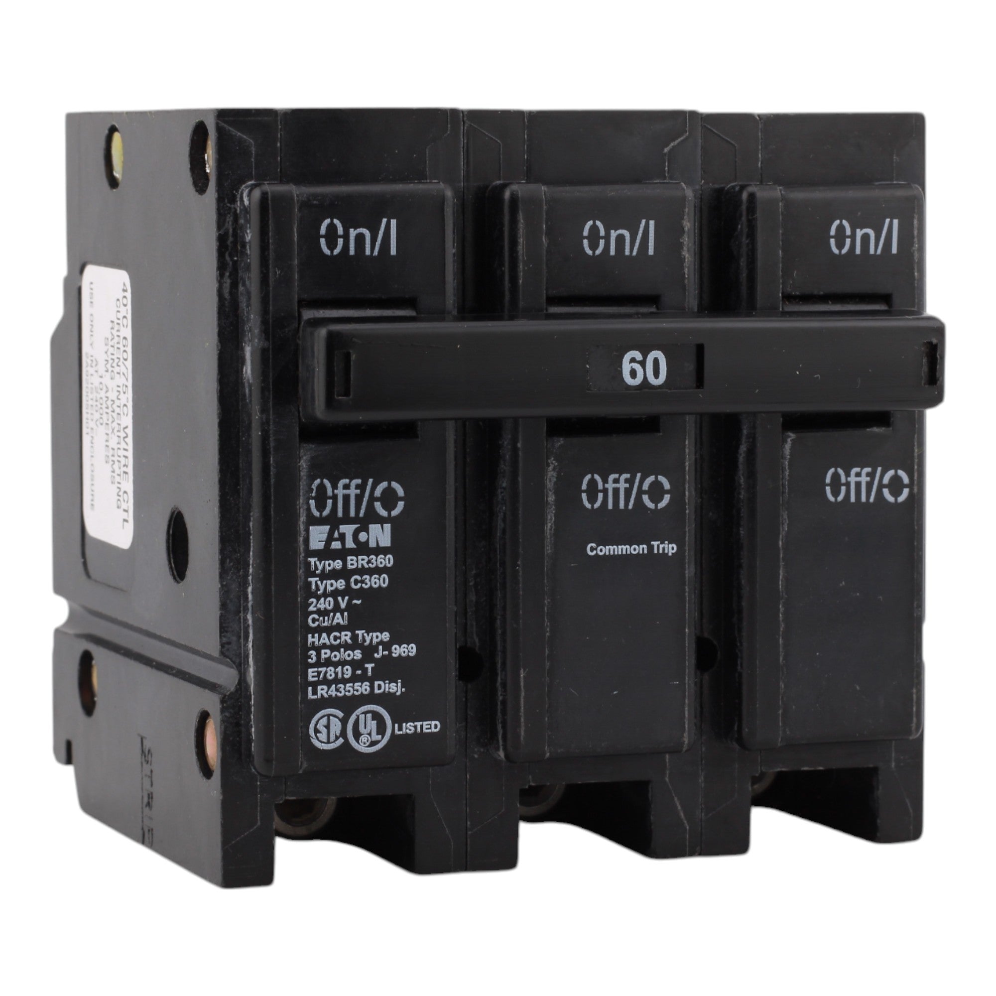 Eaton BR360, 60A, 240V, 3-Pole Thermal Magnetic Circuit Breaker, Plug-On, 10 kAIC, for Type BR Load Centers