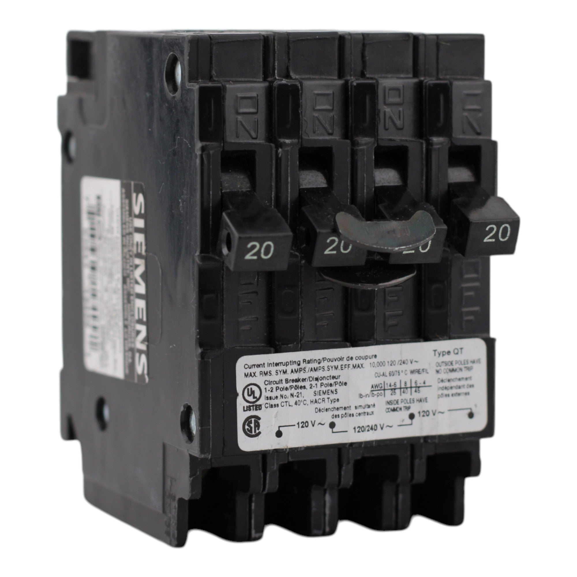 Siemens Q22020CT 20/20A 1P/2P 120/240V Triplex Circuit Breaker