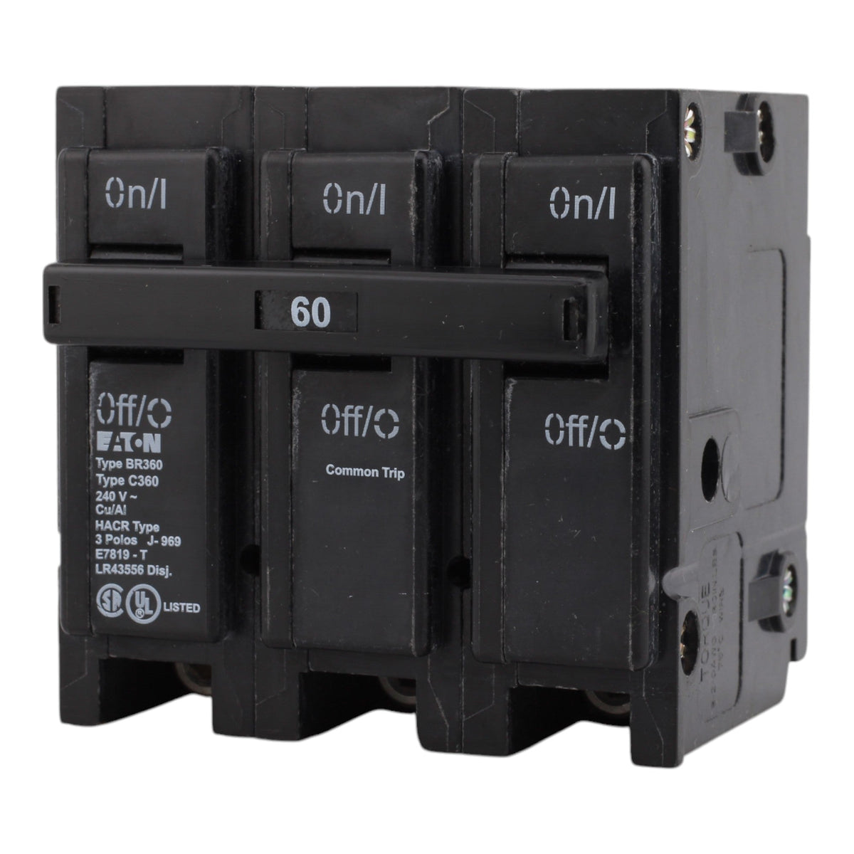 Eaton BR360, 60A, 240V, 3-Pole Thermal Magnetic Circuit Breaker, Plug-On, 10 kAIC, for Type BR Load Centers - Image 3