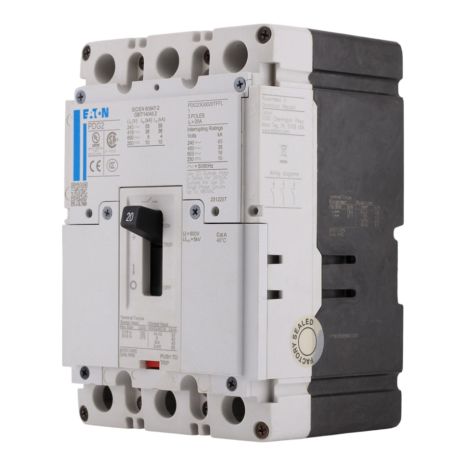 Eaton Power Defense PDG23G0020TFFL 20A 3P 600V 35kA@480V Thermal Magnetic Load Only Circuit Breaker - Image 2