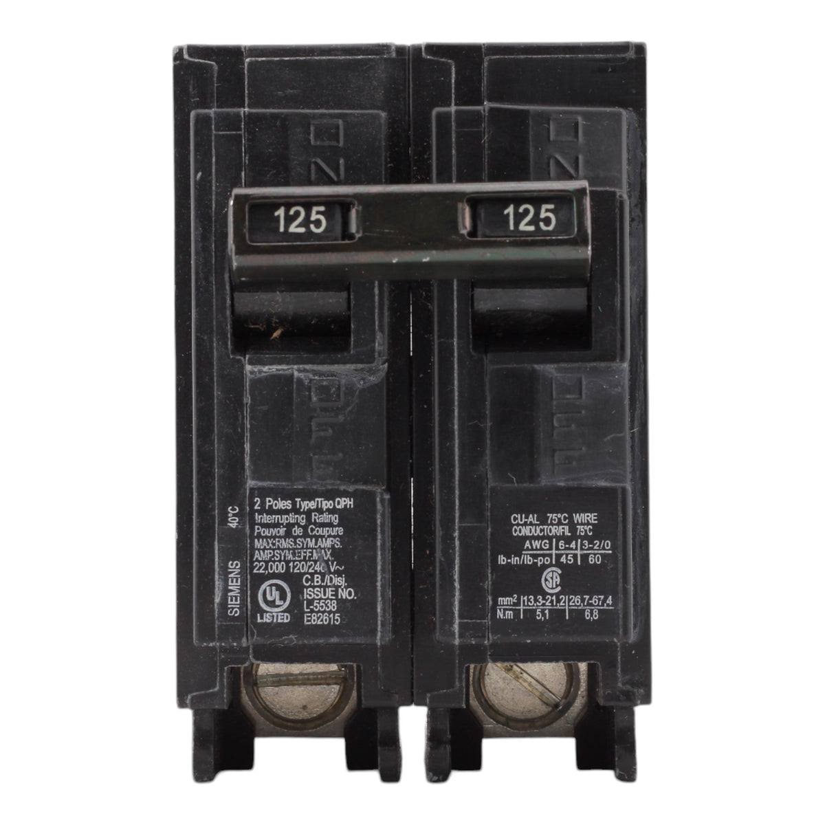 Siemens Q2125H 125 Amp Double Pole 240V Plug-In Standard Trip Circuit Breaker UL - Image 2