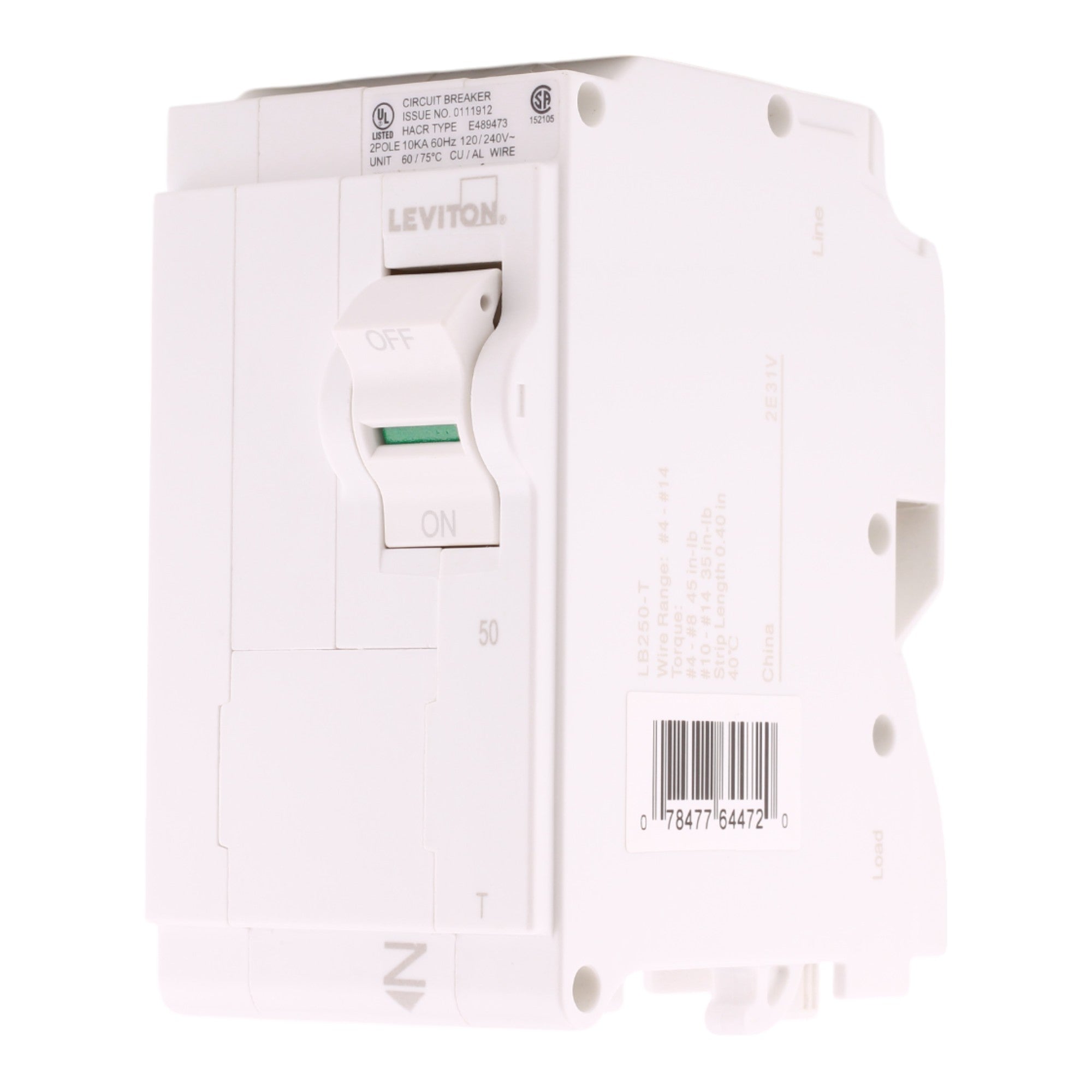 Leviton LB250-T 50A 2P 120/240V Standard Plug-On Neutral Breaker