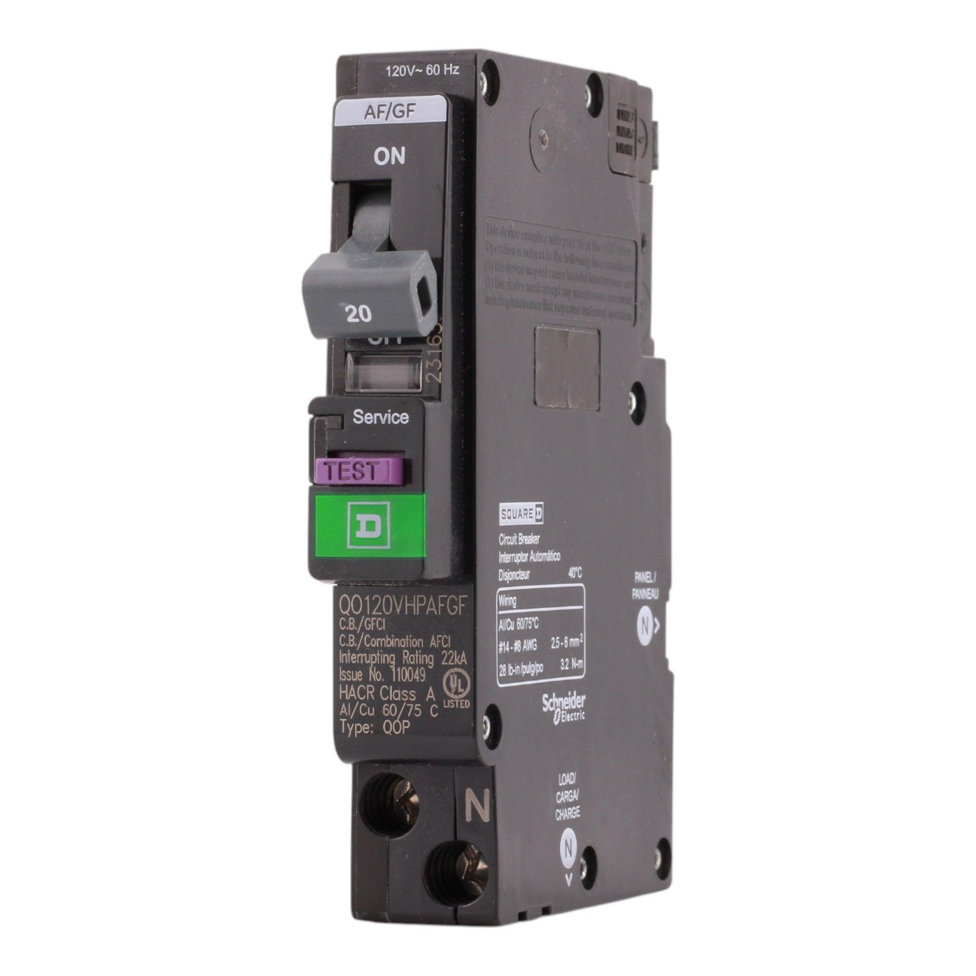 Square D QO QO120VHPAFGF 20A 1P 120V CAFCI/GFCI Circuit Breaker - Image 7