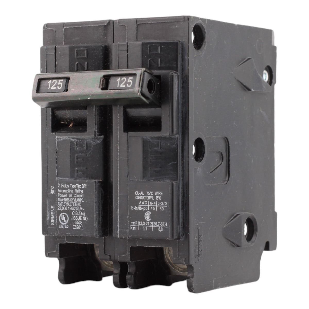 Siemens Q2125H 125 Amp Double Pole 240V Plug-In Standard Trip Circuit Breaker UL - Image 3