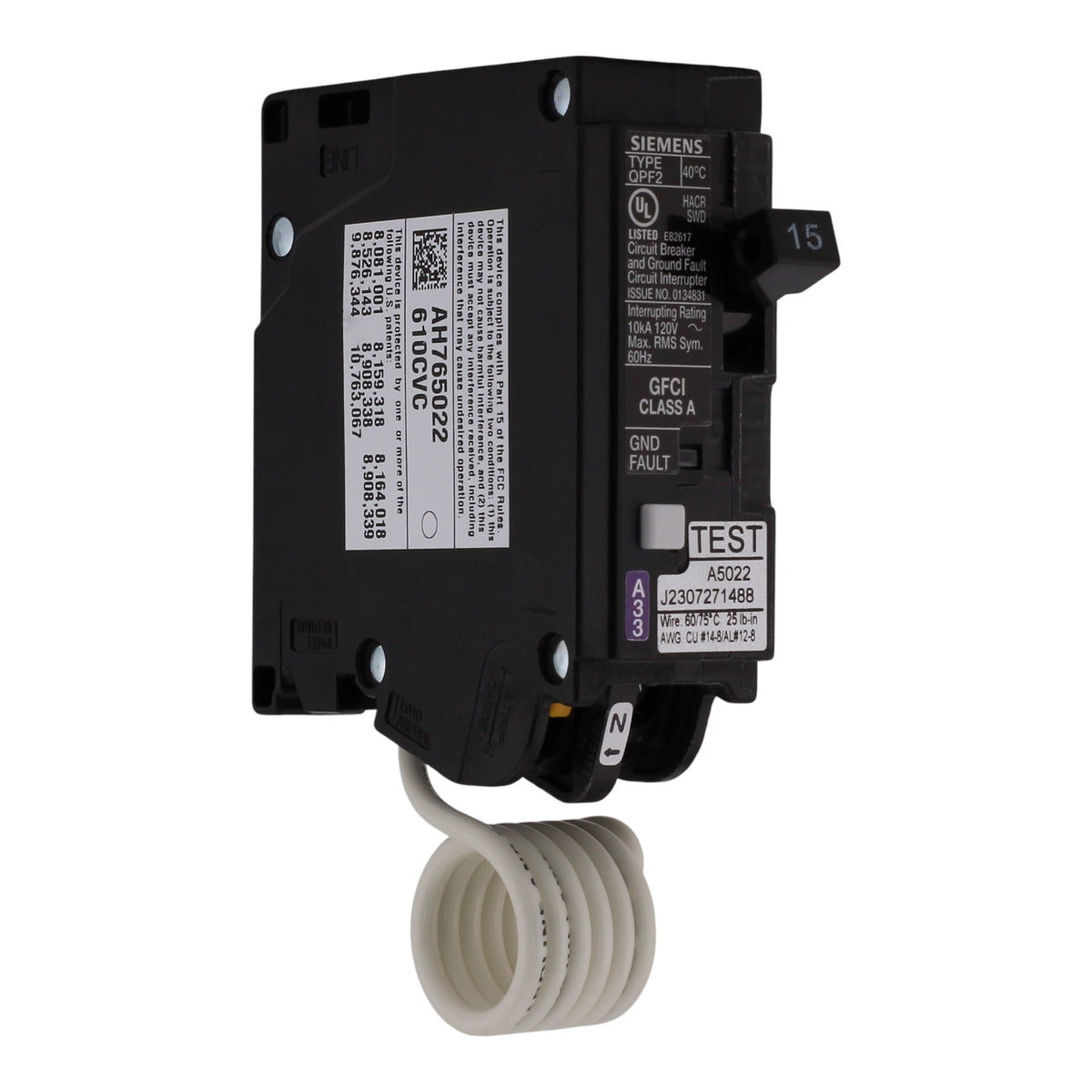 Siemens QPF2, QF115A, 15A, 1P, 120V, GFCI, Pigtail Neutral, Circuit Breaker