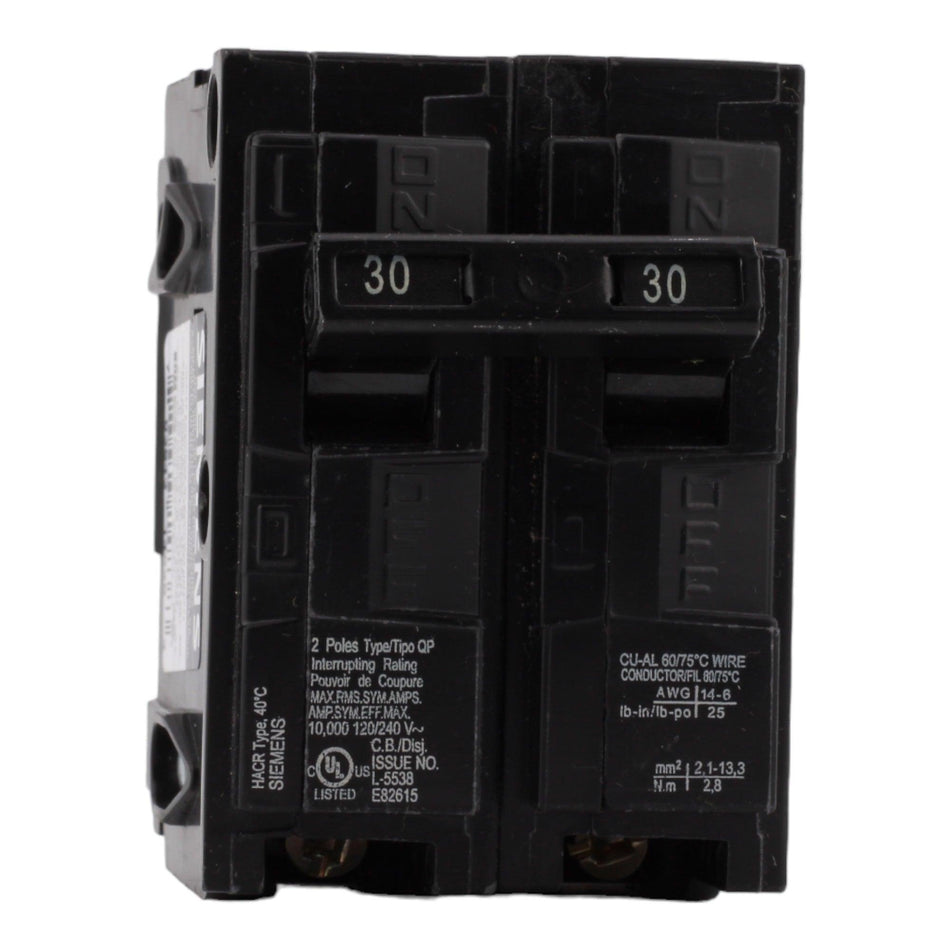Siemens Q230 30 Amp Double Pole Circuit Breaker, Thermal Magnetic Trip, 120/240V, Plug-In, UL Listed - Image 2