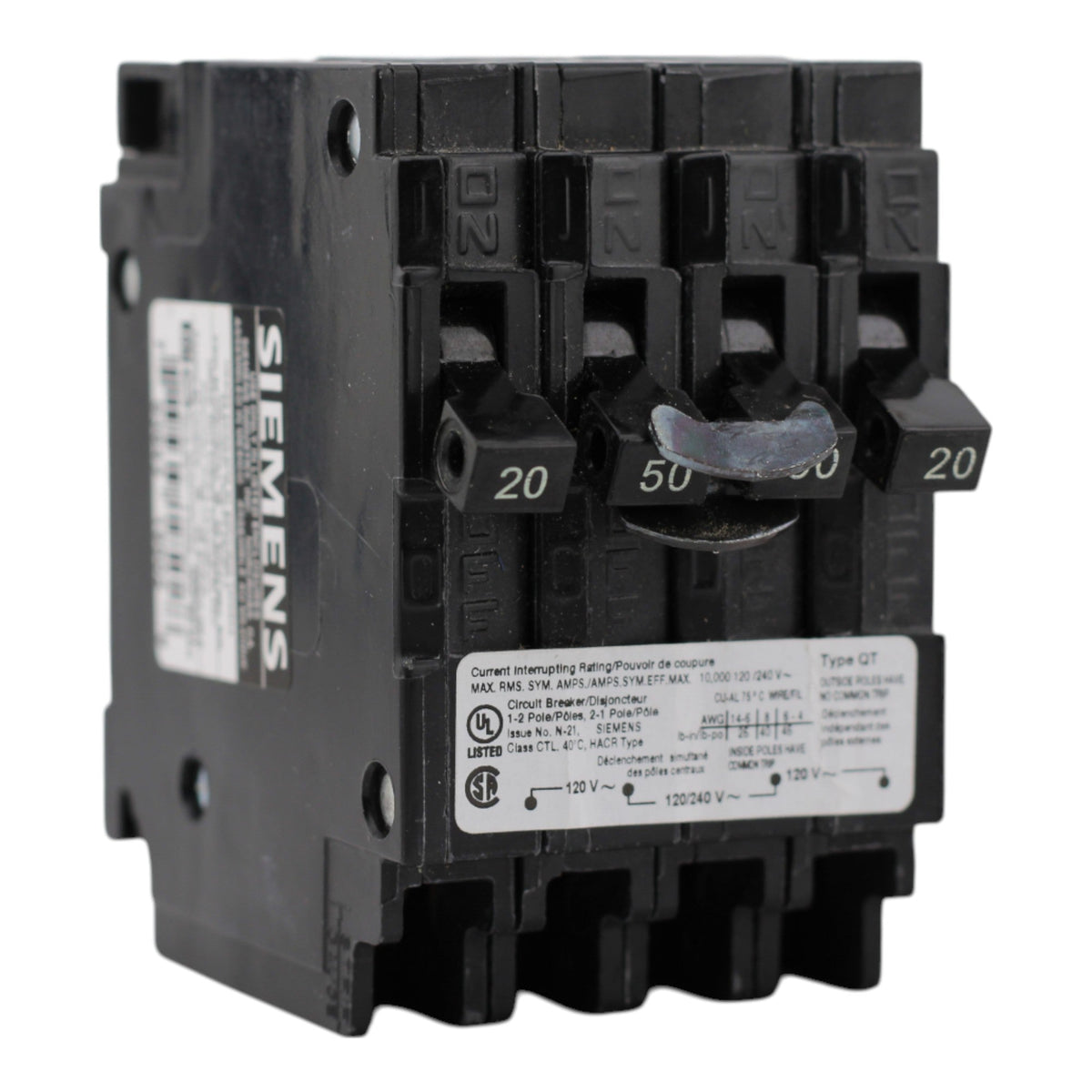 Siemens Q22050CT 20/50A 1P/2P 120/240V Triplex Circuit Breaker