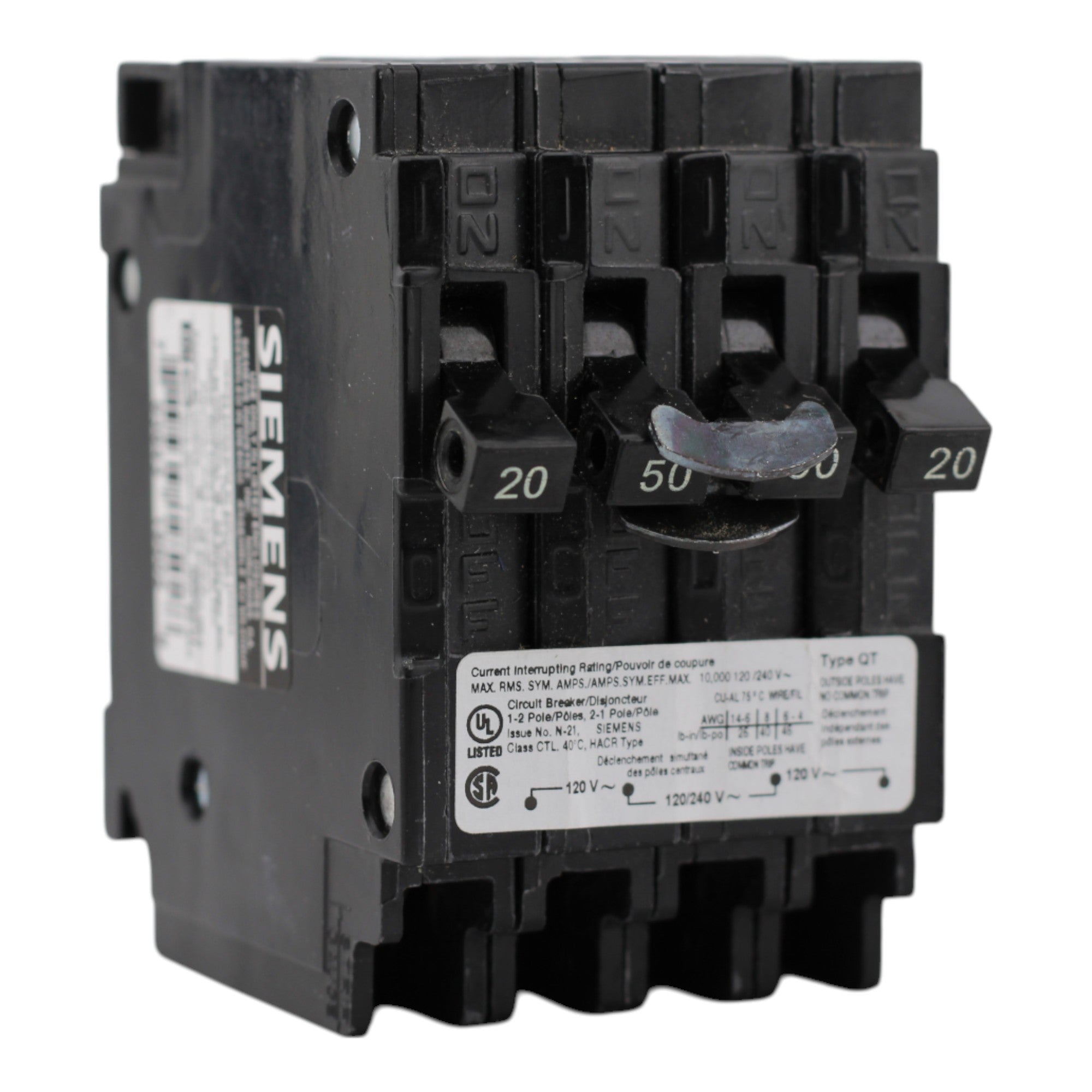 Siemens Q22050CT 20/50A 1P/2P 120/240V Triplex Circuit Breaker