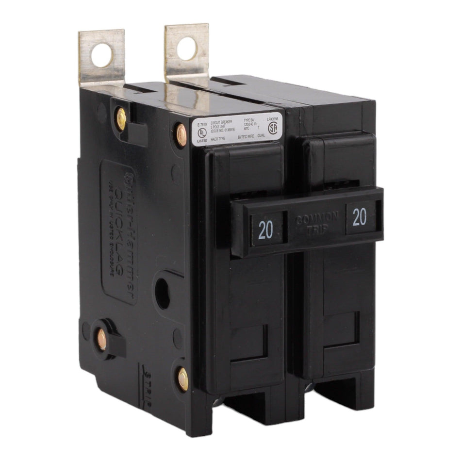 Eaton BAB2020, 20A, 120/240V, 2-Pole, 10kAIC, Quicklag Industrial Thermal-Magnetic Circuit Breaker, Bolt-On