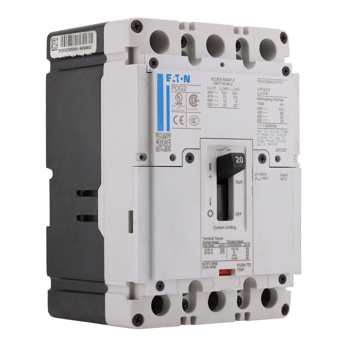 Eaton Power Defense PDG23M0020TFFL 20A 3P 600V 65kA Thermal-Magnetic Molded Case Circuit Breaker