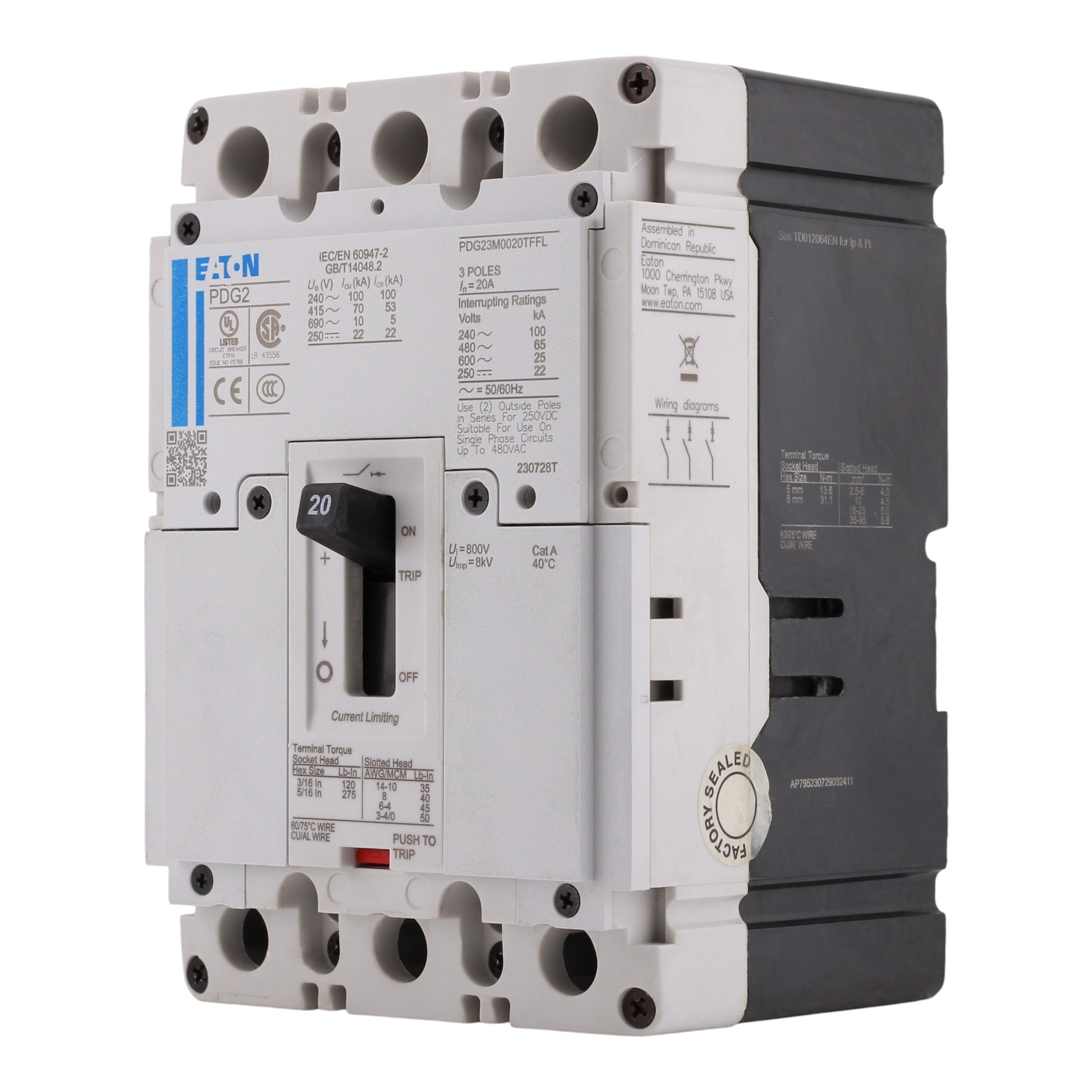 Eaton Power Defense PDG23M0020TFFL 20A 3P 600V 65kA Thermal-Magnetic Molded Case Circuit Breaker - Image 2