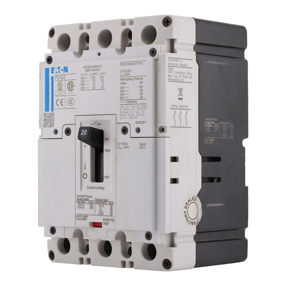 Eaton Power Defense PDG23M0020TFFL 20A 3P 600V 65kA Thermal-Magnetic Molded Case Circuit Breaker - Image 2