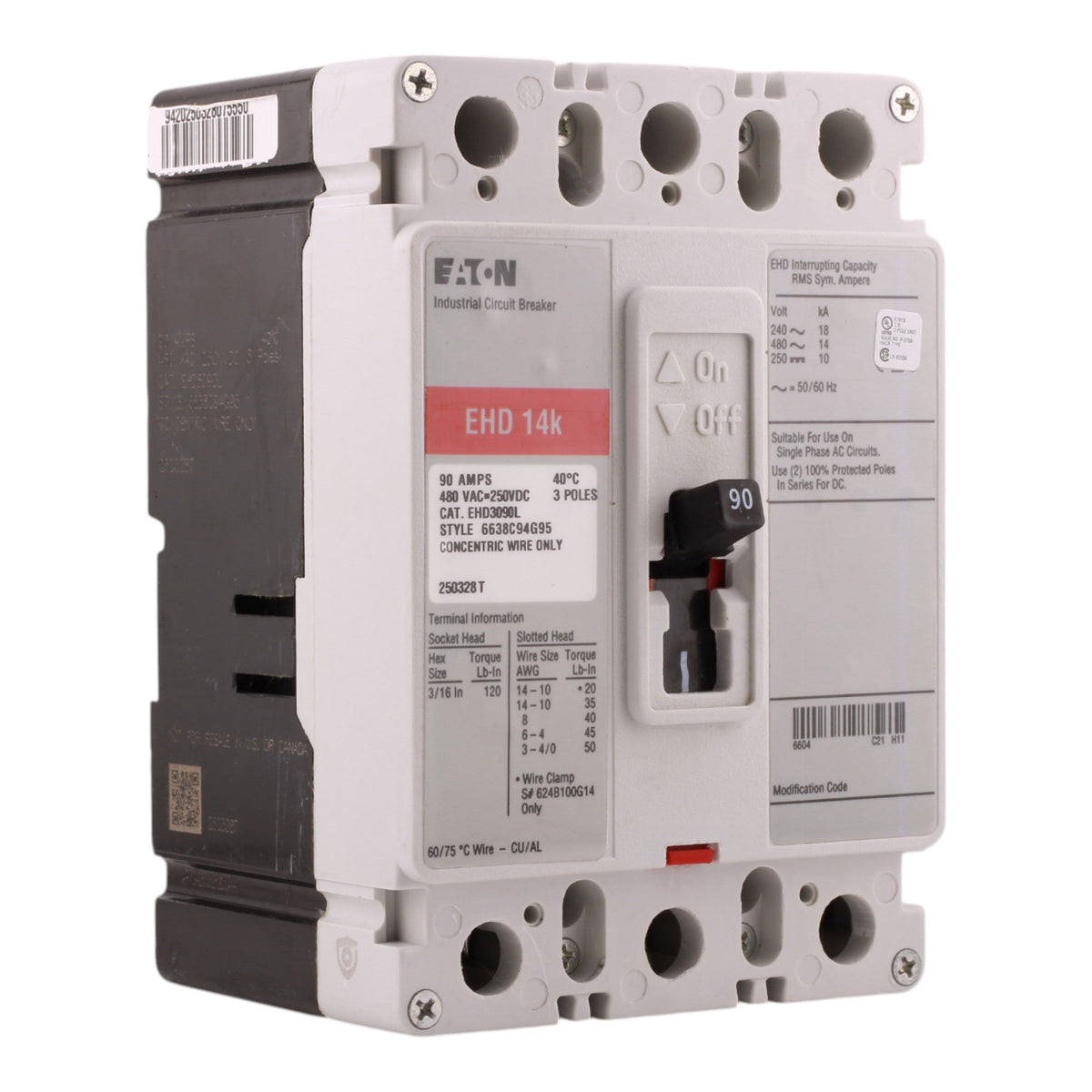 Eaton EHD EHD3090L 90A 3P 240/480V Molded Case Circuit Breaker