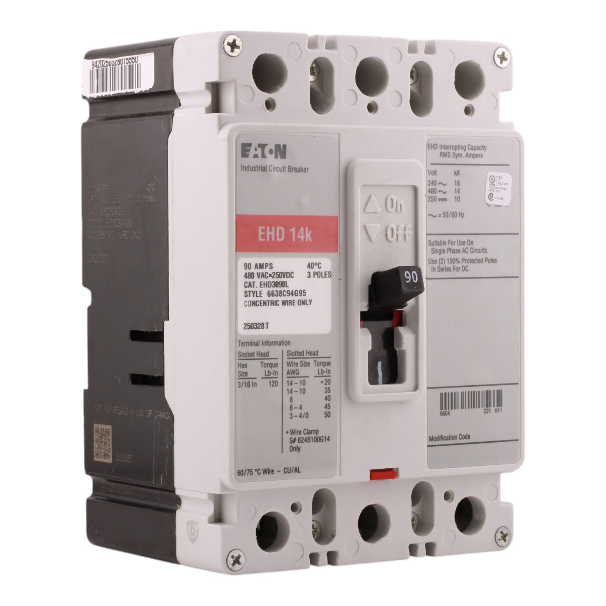Eaton EHD EHD3090L 90A 3P 240/480V Molded Case Circuit Breaker