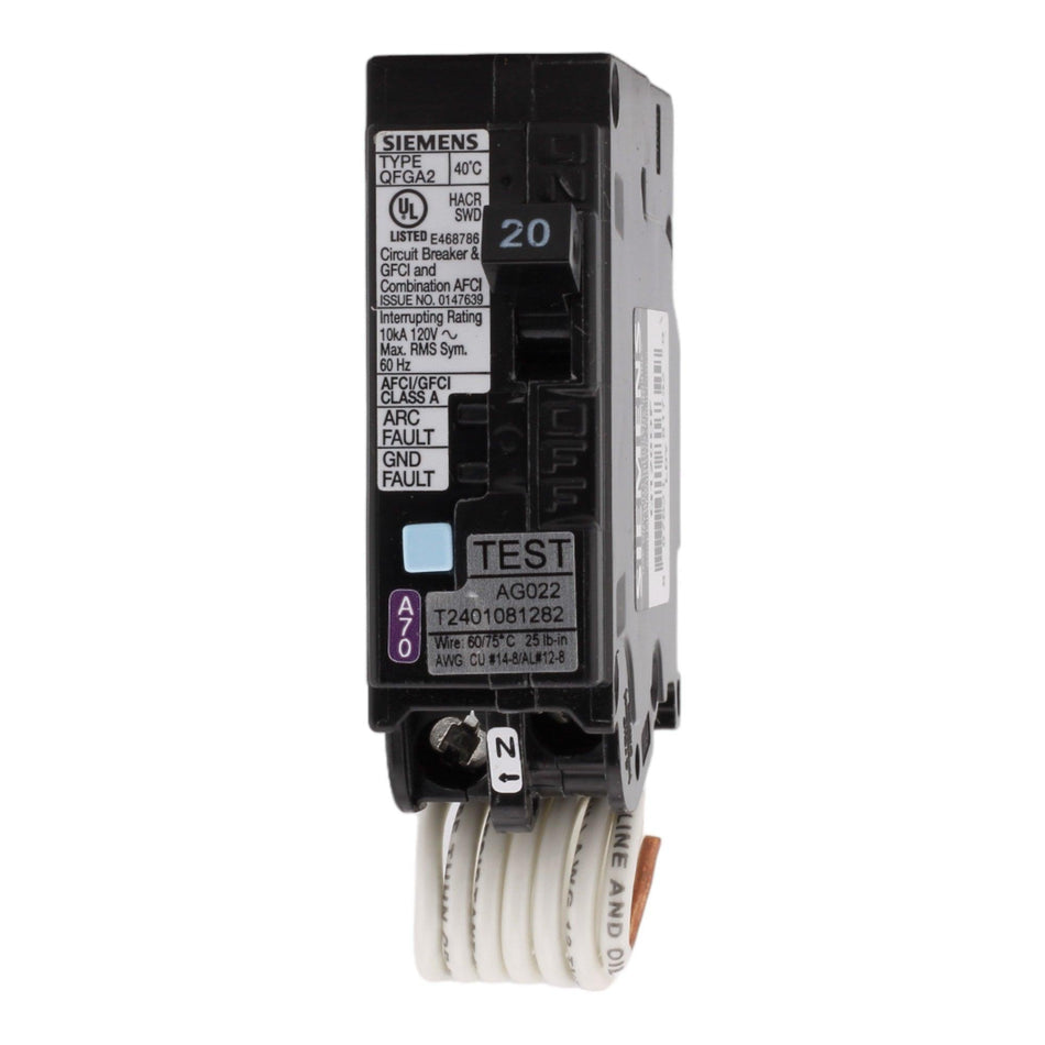 Siemens Q120DF 20 Amp Single Pole 120V Pigtail-Neutral AFCI/GFCI Dual Function Circuit Breaker UL - Image 2