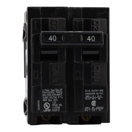 Siemens Q240 40 Amp Double Pole Circuit Breaker, Thermal Magnetic Trip, 120/240V, Plug-In, UL Listed - Image 2