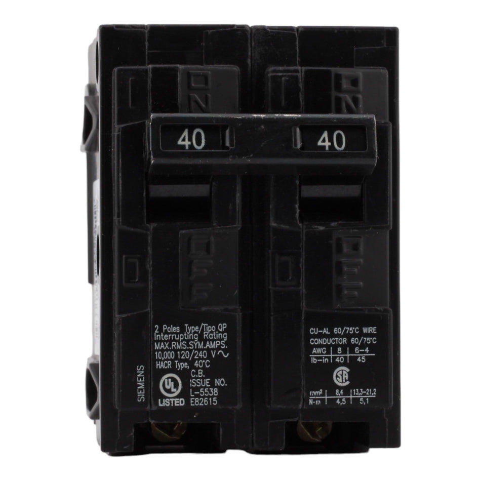 Siemens Q240 40 Amp Double Pole Circuit Breaker, Thermal Magnetic Trip, 120/240V, Plug-In, UL Listed - Image 2