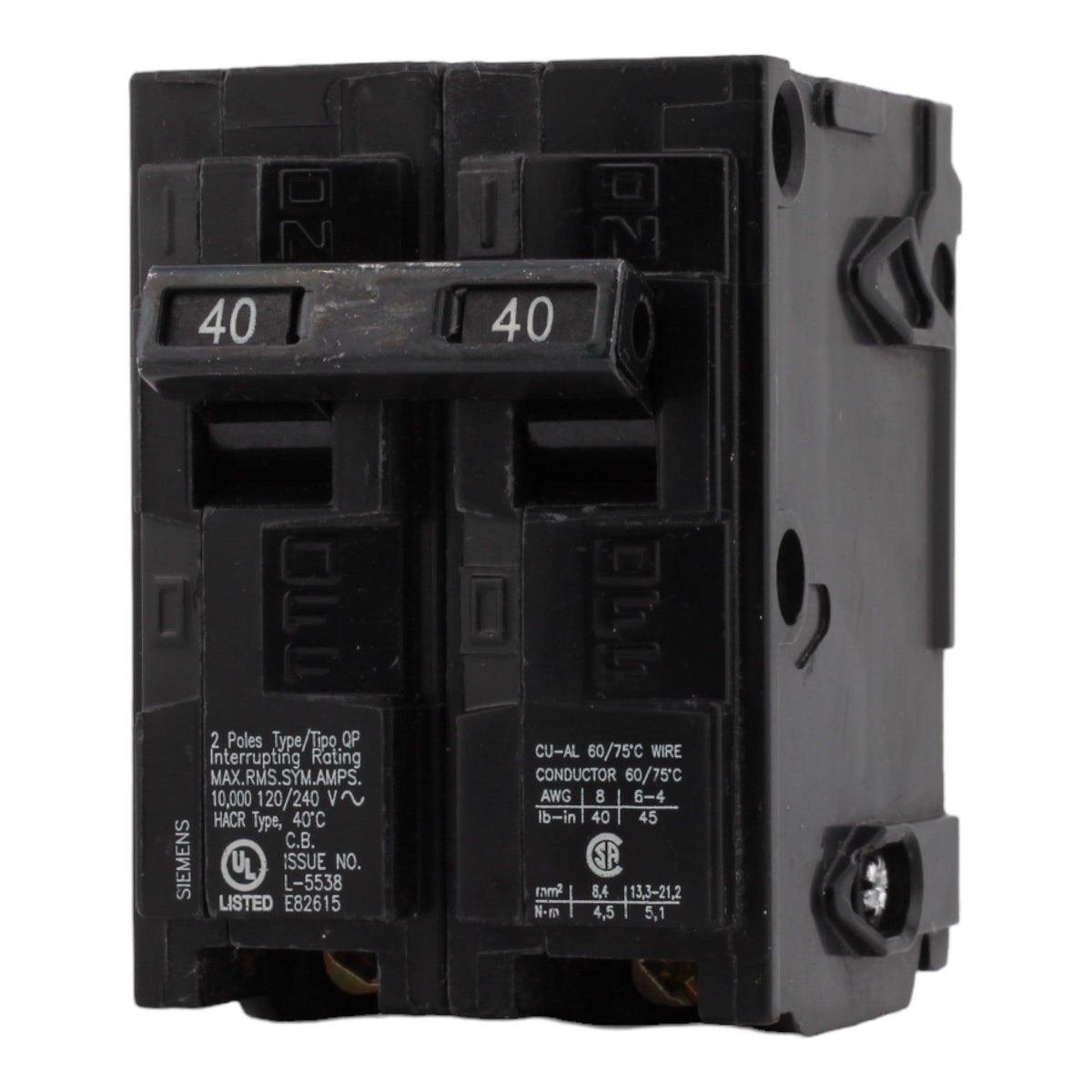 Siemens Q240 40 Amp Double Pole Circuit Breaker, Thermal Magnetic Trip, 120/240V, Plug-In, UL Listed - Image 3