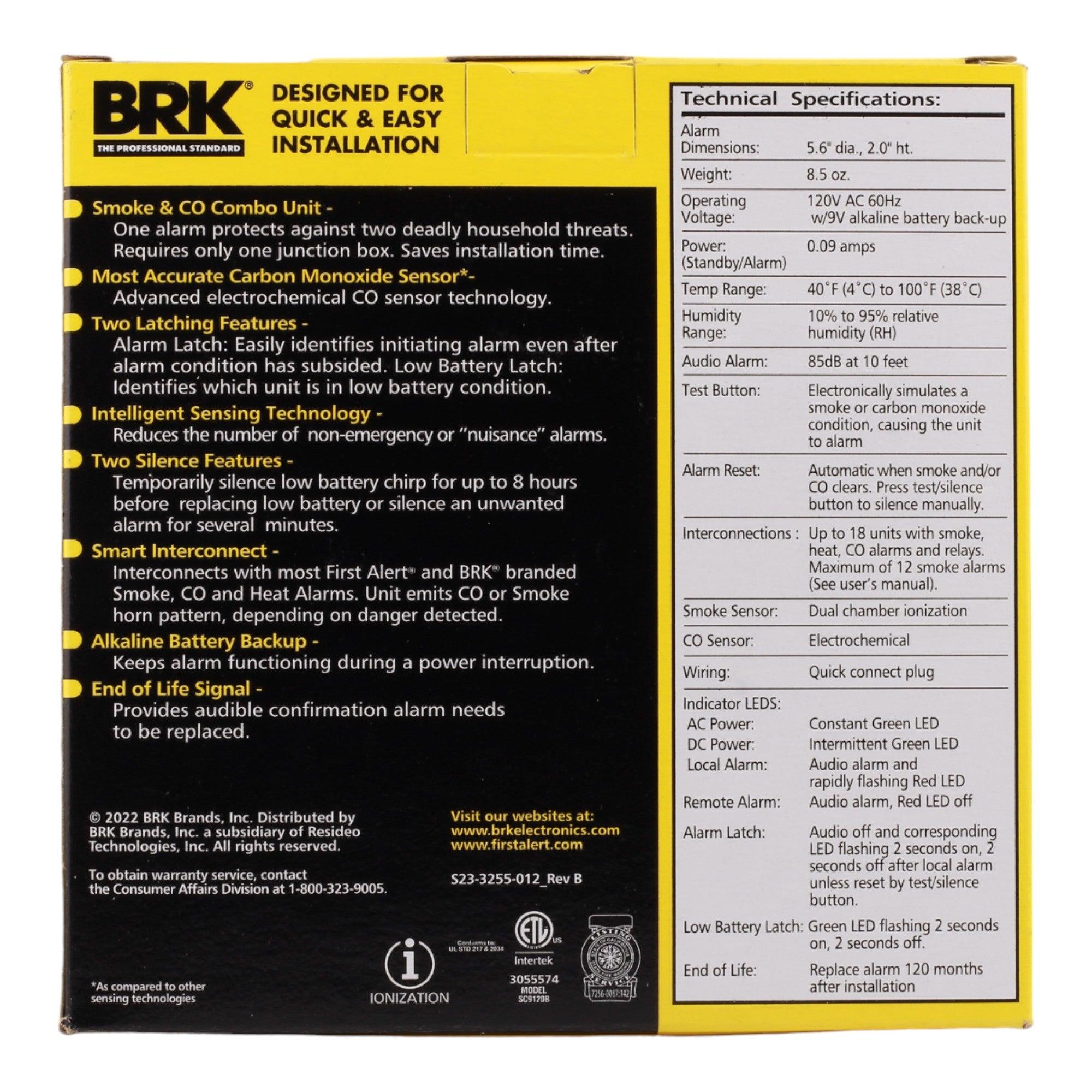 BRK SC9120B Hardwired 120V Smoke/CO Combo 9V Battery Alarm - Image 3